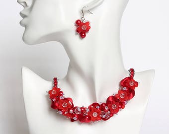 Red Flower Bridesmaid Cluster Necklace and Earrings Set