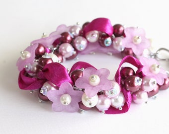 Red-Violet and Mauve Flower Cluster Bracelet and Earrings Set