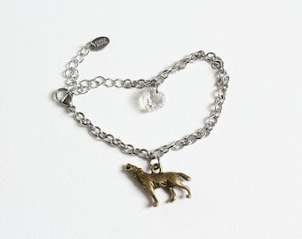 Wolf and Swarovski Crystal Heart Stainless Steel Bracelet (Bronze Wolf or Silver Wolf)