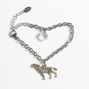 Wolf and Swarovski Crystal Heart Stainless Steel Bracelet Bronze Wolf or Silver Wolf Silver