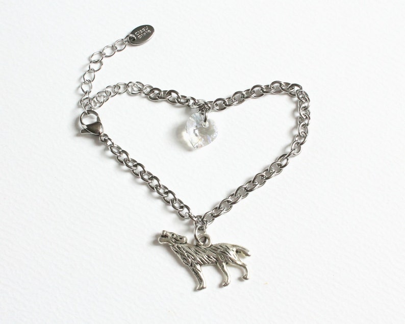 Wolf and Swarovski Crystal Heart Stainless Steel Bracelet Bronze Wolf or Silver Wolf Silver