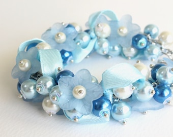 Sky Blue Flower Cluster Bracelet and Earrings Set