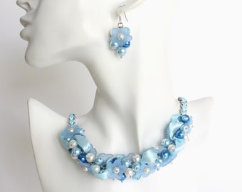 Sky Blue Flower Cluster Necklace and Earrings Set