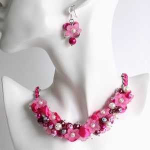 Pink Magenta Violet Flower Cluster Necklace and Earrings Set