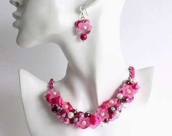 Pink Magenta Violet Flower Cluster Necklace and Earrings Set