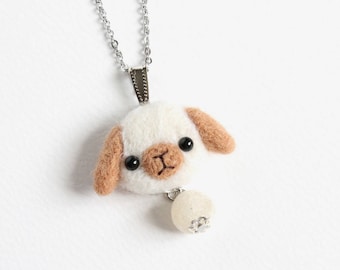 Needle Felted White Lop Bunny with Brown Ears necklace or brooch or ring or shawl pin