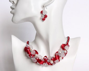 Red White Rose Cluster Necklace and Earrings Set