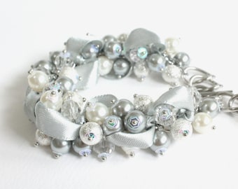 Silver Gray Pearl Cluster Bracelet and Earrings set