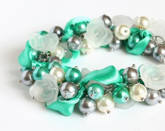 Turquoise Gray White Cluster Bracelet and Earrings Set
