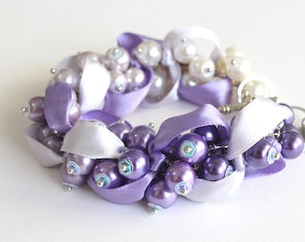 Purple White Gradient Pearl Cluster Bracelet and Earrings Set