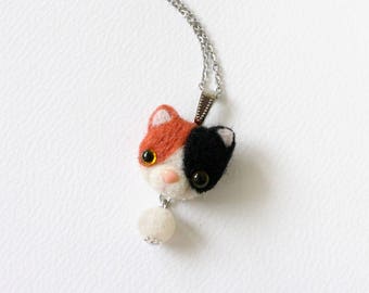 Needle Felted Calico Cat Necklace or Brooch or Ring or Shawl Pin