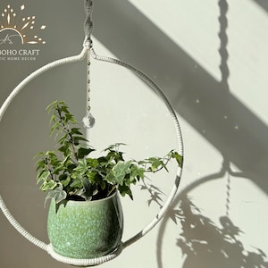 Round Boho Macrame Plant Hanger with Crystal Sun Catcher, Handmade Indoor Planter