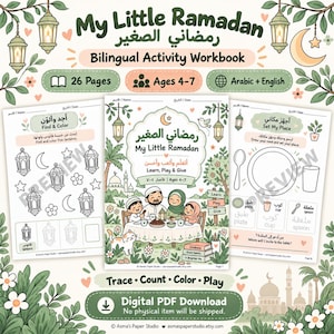 May include: A bilingual activity workbook titled My Little Ramadan featuring 26 pages for ages 4-7. The cover shows a family at a table with a cat, while interior pages include coloring tasks with lanterns and a place setting guide in English and Arabic.