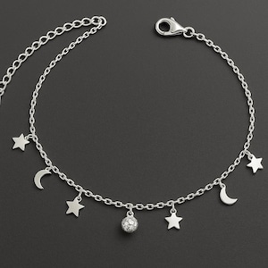 925 Silver Moon & Star Anklet: Celestial Charm Ankle Bracelet