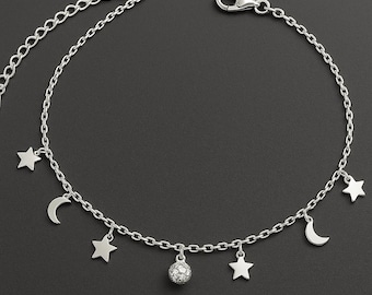 925 Silver Moon & Star Anklet: Celestial Charm Ankle Bracelet