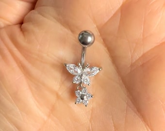 Butterfly Dangle Belly Button Ring Silver Flower Navel Piercing