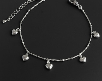 Dainty Heart Charm Ankle Bracelet: 925 Silver Adjustable Anklet