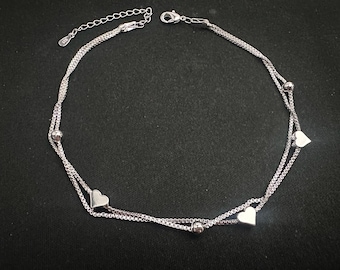 925 Silver Anklet Triple Heart Dainty Double Chain Ankle Bracelet