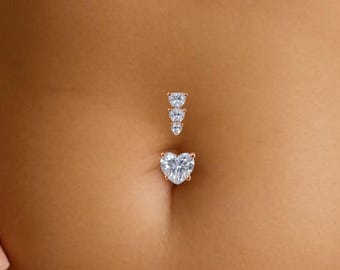 Rose Gold Heart Belly Ring: Dangle Navel Piercing, CZ Gem