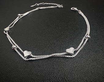 Heart Anklet 925 Sterling Silver Double Layer, Dainty Silver Charm Gift for her
