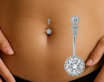 Silver Belly Button Ring: Triple CZ Dangle Navel Piercing
