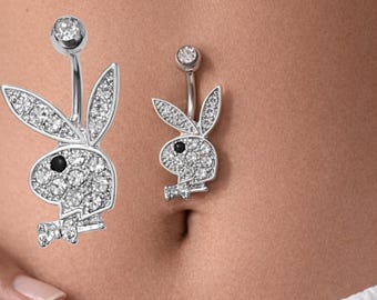 Bunny Belly Button Ring Silver CZ Rabbit Navel Piercing Surgical Stainless Steel Belly Ring for Women