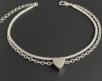 925 Silver Heart Anklet: Double Chain Minimalist Ankle Bracelet