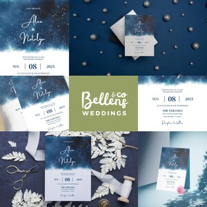 Hemelse Huwelijksuitnodiging | Marineblauw en Goud Sterrennacht Trouwkaart | Elegant Kosmisch Bruiloftsontwerp