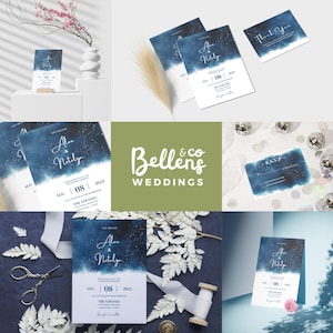 Juego de invitaciones de boda celestiales | Juego de tarjetas de boda con noche estrellada en azul marino y dorado | Papelería elegante para bodas cósmicas