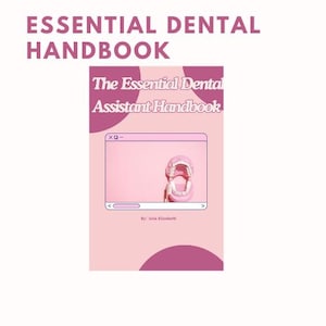 Op de afbeelding: Een roze boekomslag met de titel "The Essential Dental Assistant Handbook" in witte tekst. De omslag toont ook een roze cartoonmond met tanden en een tandenborstel erin. De naam van de auteur, "Julia Elizabeth", staat in zwarte tekst onder de mond.
