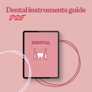 May include: A digital tablet shows a pink screen with the word "DENTAL" and dental tool icons. The text "Dental instruments guide PDF" is at the top. The background is a solid pink with a white and red circular design.