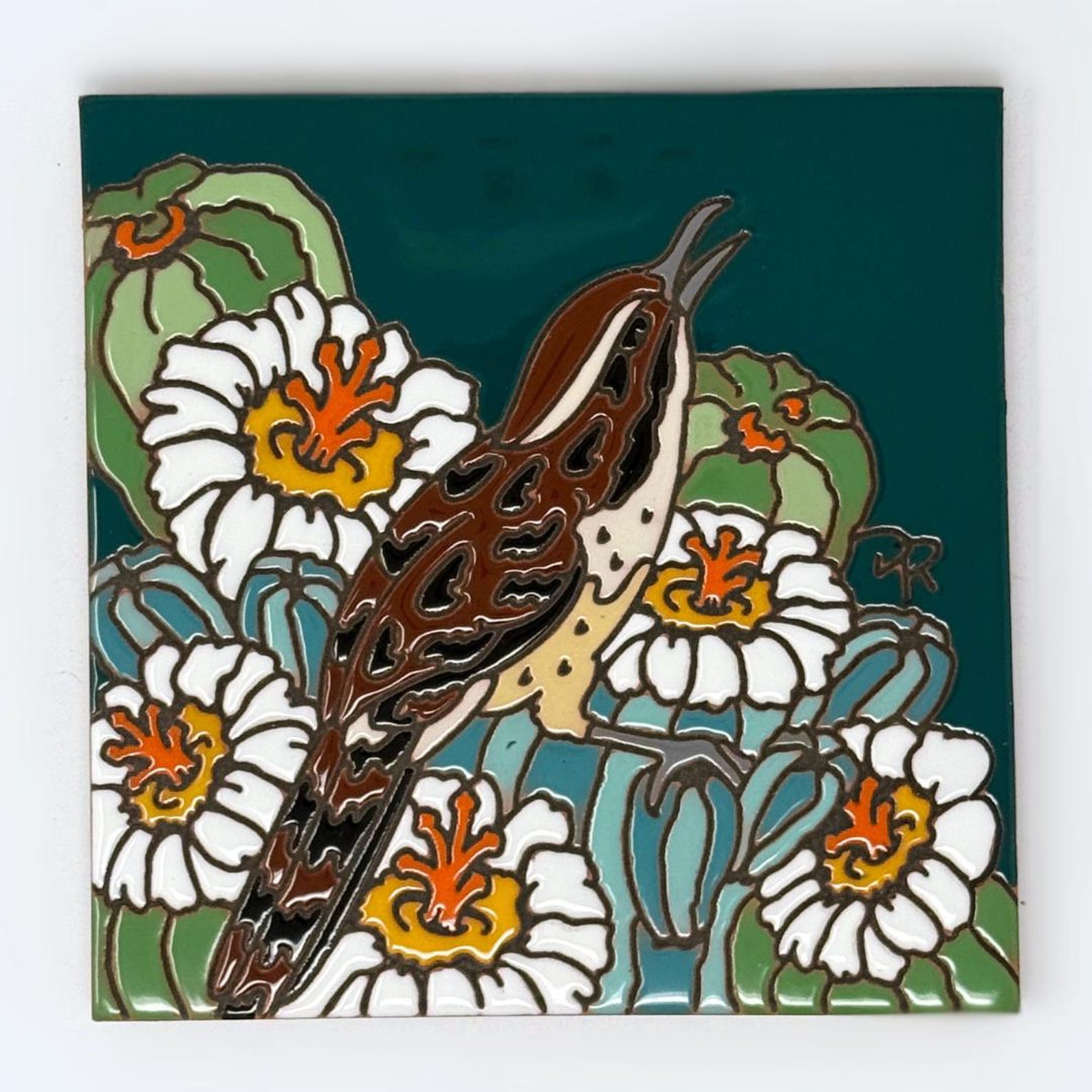 Desert Wren with Cactus Blooms - Ceramic Tile Wall Art or Trivet - Hand Glazed Arizona Art Gift