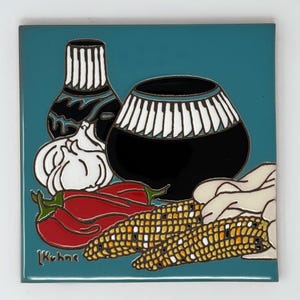 May include: A turquoise blue ceramic tile with a still life of Southwestern-style pottery, garlic, red peppers, and corn. The pottery is black with white and blue accents. The tile is signed "Kohne".