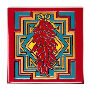 May include: A red, yellow, and blue ceramic tile with a geometric pattern and a red chili pepper in the center.