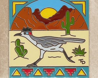 Desert Roadrunner -  Ceramic Tile Wall Art or trivet - Hand Glazed Arizona Desert Art Gift