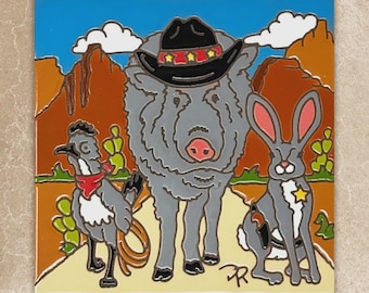 Southwest Desert Posse Ceramic Tile Trivet with Roadrunner, Javelina, Rabbit - Arizona Art Gift