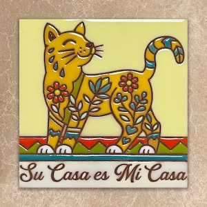 Su Casa es Mi Casa Cat Ceramic Tile Plaque | Yellow or Turquoise | Housewarming Kitty Gift