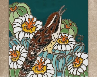 Desert Wren with Cactus Blooms - Ceramic Tile Wall Art or Trivet - Hand Glazed Arizona Art Gift