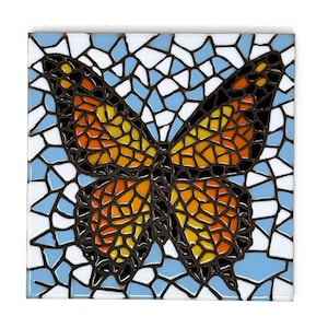 May include: A mosaic tile featuring a butterfly with orange, yellow, and black wings against a blue and white background.