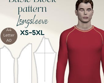 Patrón de costura para camisa raglán ajustada para hombre, manga larga, PDF, XS-5XL, descarga digital, tejido elástico, jersey, túnica, capa base deportiva, bricolaje