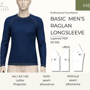 Molde para Camisa Raglan Masculina Ajustada de Manga Longa em PDF para Download Digital (Tamanhos XS a 5XL) - Tecido Elástico - Ideal para Costurar, Blusa Túnica ou Camiseta Esportiva - Faça Você Mesmo