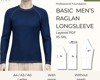 Fitted Mens Raglan Shirt Sewing Pattern Long Sleeve PDF XS–5XL Digital Download Stretch Fabric Sewing Pullover Tunic Diy Athletic Base Layer
