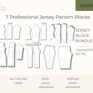 May include: A digital collection of 7 professional jersey pattern blocks for clothing construction. The image displays technical line drawings of garment pieces, labelled as a Jersey Block Bundle, layered PDF, sizes XS-7XL, A4/A3/A0/Letter, with and without seam allowance.