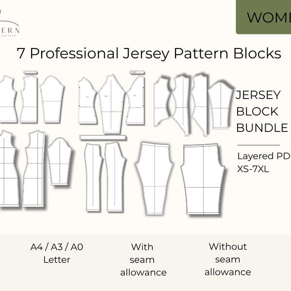 Jersey Pattern Block Bundle PDF 7 Professional Slopers XS-7XL Fashion Design & Pattern Making Layered Patterns Sewing Bundle