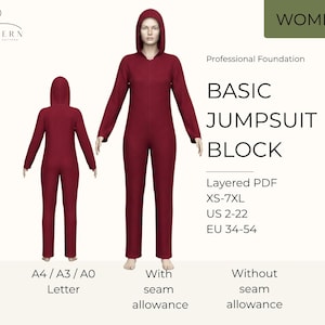 May include: A digital sewing pattern for a basic hooded jumpsuit in a deep red color. The text reads: Pattern, Women, Professional Foundation, Basic Jumpsuit Block, Layered PDF, XS-7XL, US 2-22, EU 34-54, A4/A3/A0 Letter, With seam allowance, Without seam allowance.