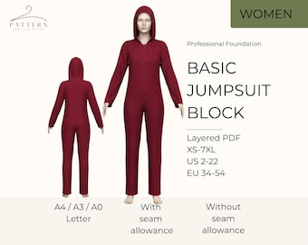 Adult Jumpsuit Pattern PDF Onesie Sewing Pattern Coverall Utility Suit Pajama Costume Cosplay Basic Block EU 34 to 54 XS to 7XL