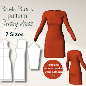 Peut inclure: Une illustration numérique d'un patron de base pour une robe en jersey en sept tailles. Le patron est présenté en blanc sur un fond gris clair. Le texte "Basic Block pattern Jersey dress 7 Sizes" est en haut de l'image. Le texte "Freebie!! How to make your pattern fit!" est en bas de l'image.