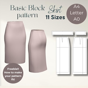 Peut inclure: Un patron de couture numérique pour une jupe basique en 11 tailles. Le patron est présenté en noir et blanc sur un fond blanc. Le patron est disponible en tailles A4, Letter et AO.