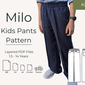 Puede incluir: Patrón de pantalón para niños Milo, guía de costura digital para edades de 1.5 a 14 años. Incluye archivos PDF en capas para A0, A3, A4, US Letter y proyector. Muestra un pantalón azul marino con cintura elástica y bolsillos laterales.