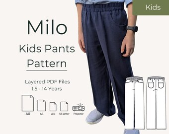 Wide Leg Trouser Sewing Pattern Printable File Projector Friendly Easy Sewing Kid Clothing Casual Style Everyday Wear Comfortable Design